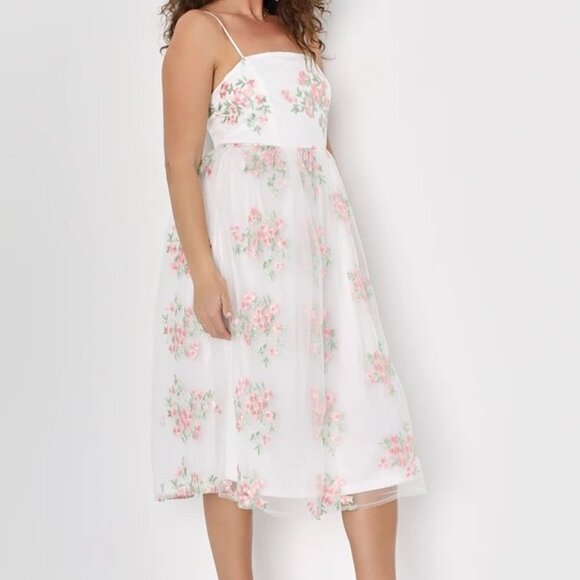 Lulus Celebrating Sweetness White Floral Embroidered Tulle Midi Dress - Size M - Picture 2 of 4